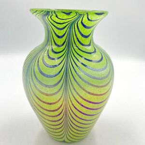 Kralik Bohemian Pulled Feather Art Glass Vase Green Blue Nouveau Hand Blown